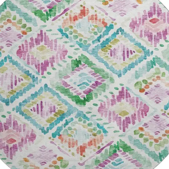 8' Teal Ivory Green And Purple Geometric Washable Round Rug With UV Protection Photo 2