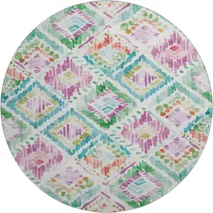 Photo of 8' Teal Ivory Green And Purple Geometric Washable Round Rug With UV Protection