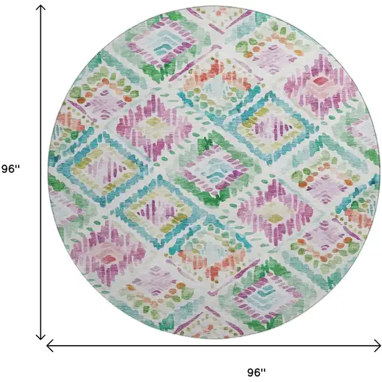 8' Teal Ivory Green And Purple Geometric Washable Round Rug With UV Protection Photo 9