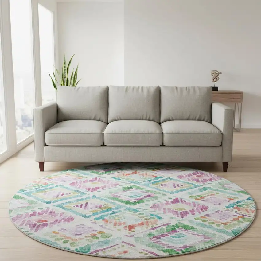 8' Teal Ivory Green And Purple Geometric Washable Round Rug With UV Protection Photo 2