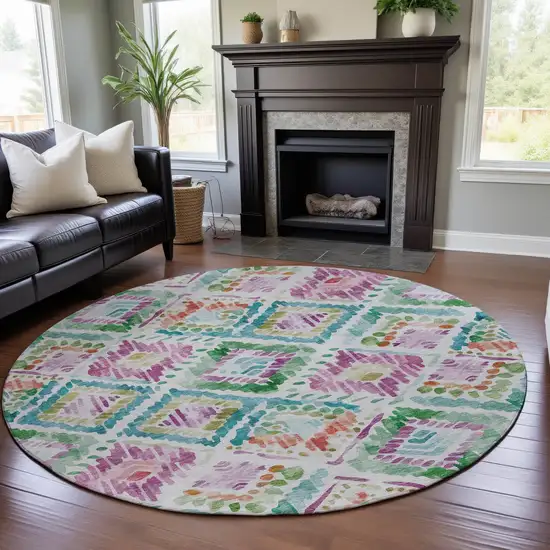 8' Teal Ivory Green And Purple Geometric Washable Round Rug With UV Protection Photo 4
