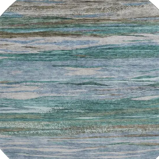 8' Teal Khaki And Green Abstract Washable Round Rug With UV Protection Photo 3