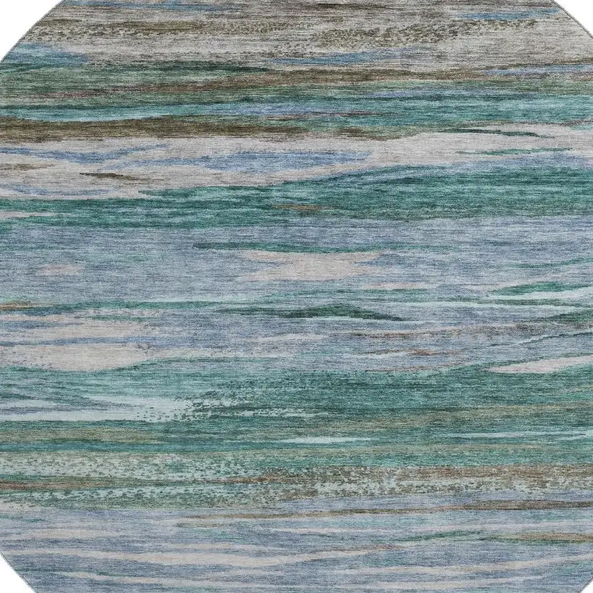 8' Teal Khaki And Green Abstract Washable Round Rug With UV Protection Photo 3