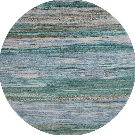 8' Teal Khaki And Green Abstract Washable Round Rug With UV Protection Photo 4