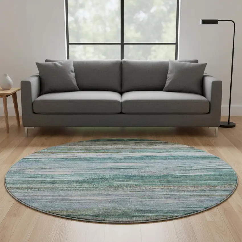 8' Teal Khaki And Green Abstract Washable Round Rug With UV Protection Photo 2