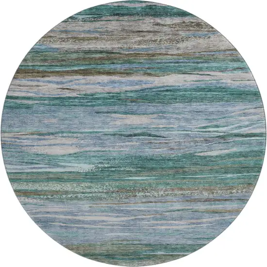 8' Teal Khaki And Green Abstract Washable Round Rug With UV Protection Photo 1