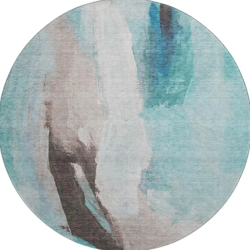 8' Teal Khaki And Ivory Abstract Washable Round Rug With UV Protection Photo 3