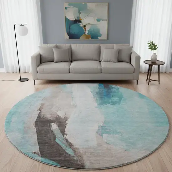 8' Teal Khaki And Ivory Abstract Washable Round Rug With UV Protection Photo 2