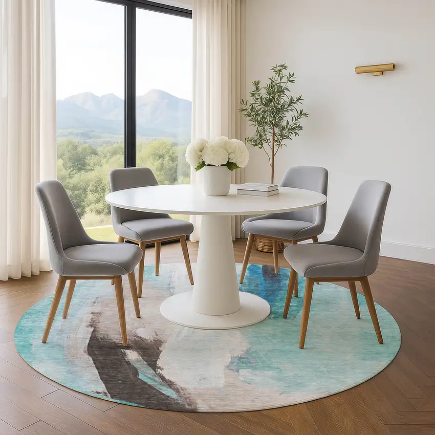 8' Teal Khaki And Ivory Abstract Washable Round Rug With UV Protection Photo 4