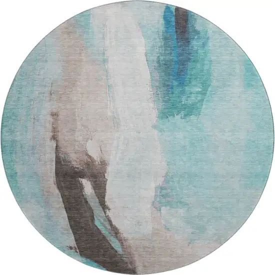 8' Teal Khaki And Ivory Abstract Washable Round Rug With UV Protection Photo 1
