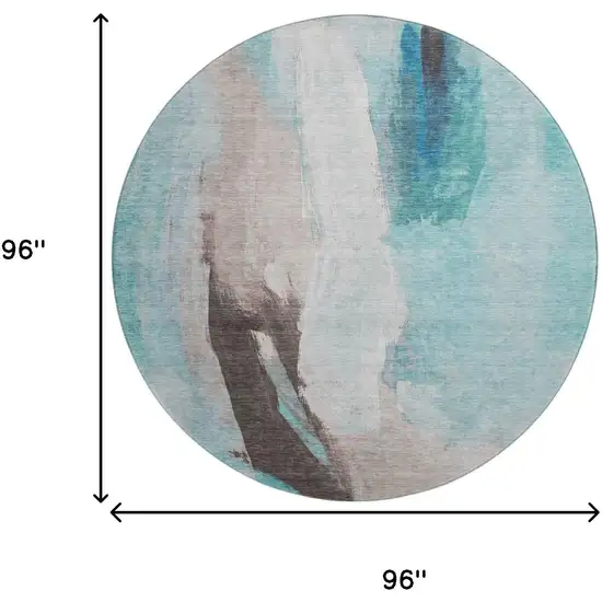 8' Teal Khaki And Ivory Abstract Washable Round Rug With UV Protection Photo 9