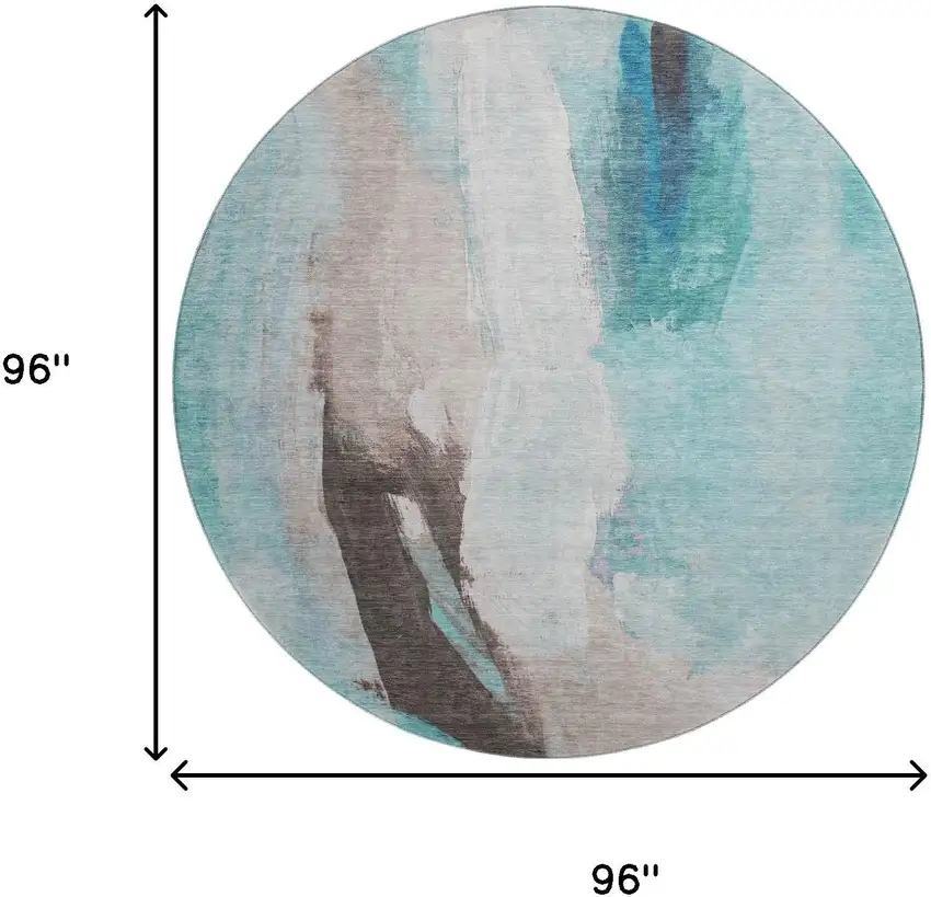 8' Teal Khaki And Ivory Abstract Washable Round Rug With UV Protection Photo 9