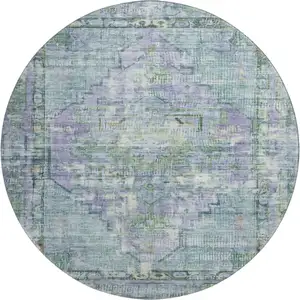 Photo of 8' Teal Lavender And Green Oriental Washable Round Rug With UV Protection