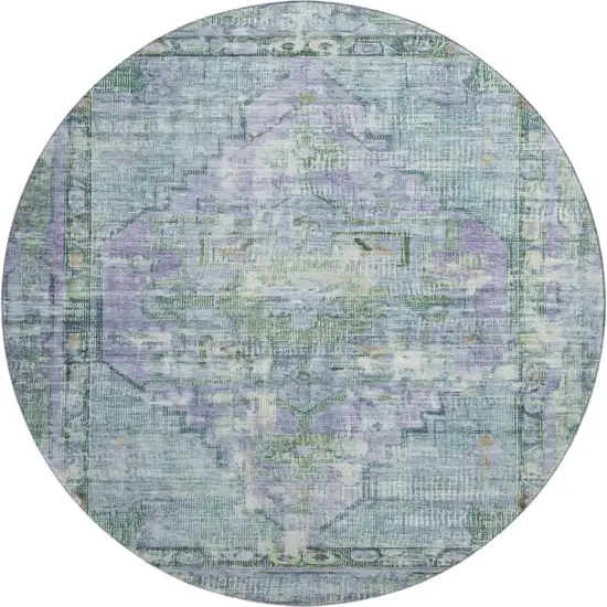 8' Teal Lavender And Green Oriental Washable Round Rug With UV Protection Photo 1