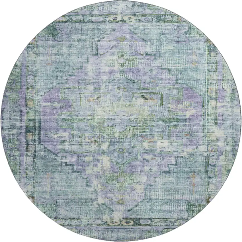 8' Teal Lavender And Green Oriental Washable Round Rug With UV Protection Photo 1
