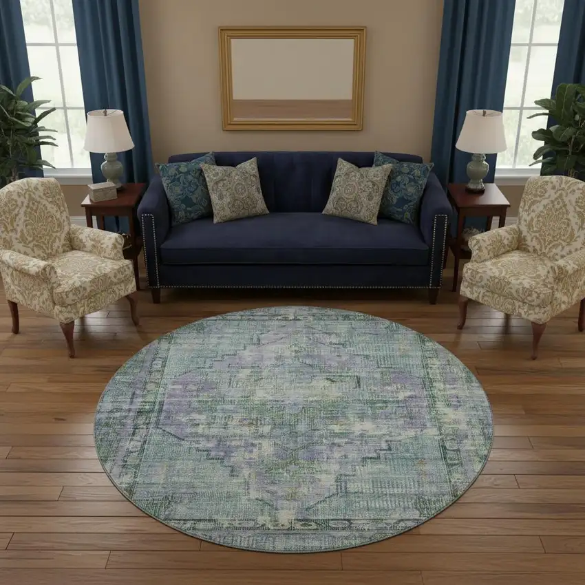 8' Teal Lavender And Green Oriental Washable Round Rug With UV Protection Photo 2