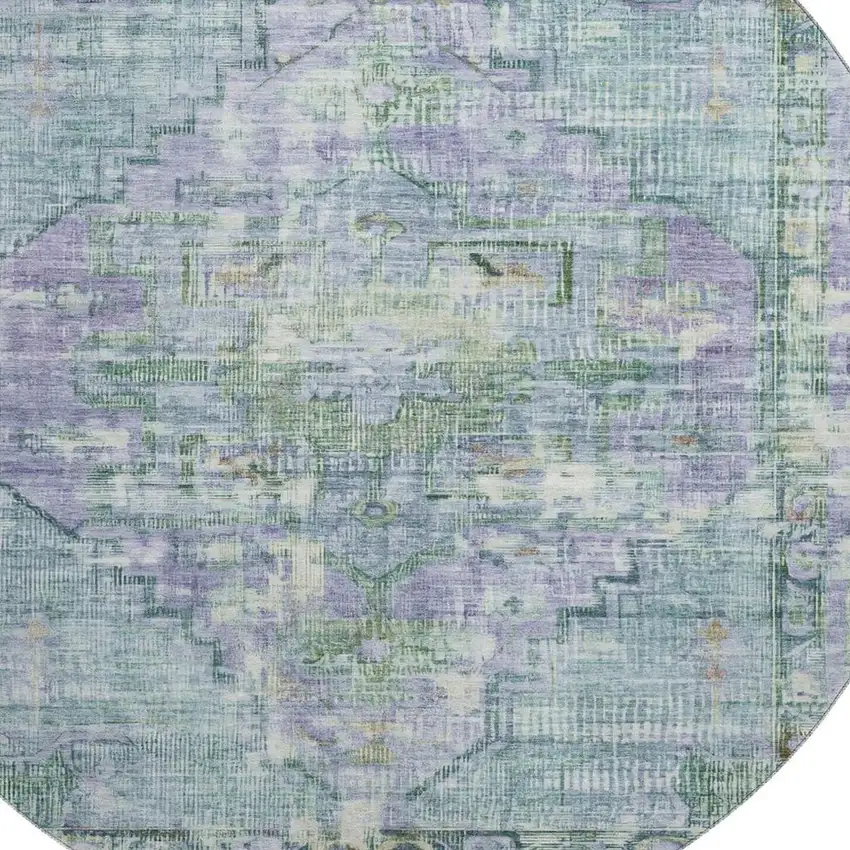 8' Teal Lavender And Green Oriental Washable Round Rug With UV Protection Photo 2