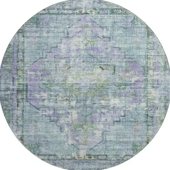 8' Teal Lavender And Green Oriental Washable Round Rug With UV Protection Photo 3
