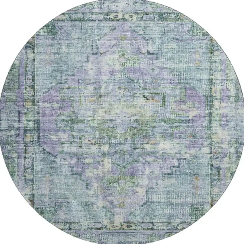 8' Teal Lavender And Green Oriental Washable Round Rug With UV Protection Photo 3