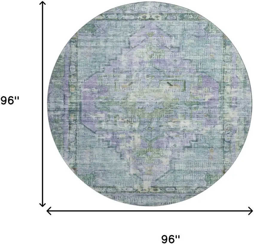 8' Teal Lavender And Green Oriental Washable Round Rug With UV Protection Photo 9