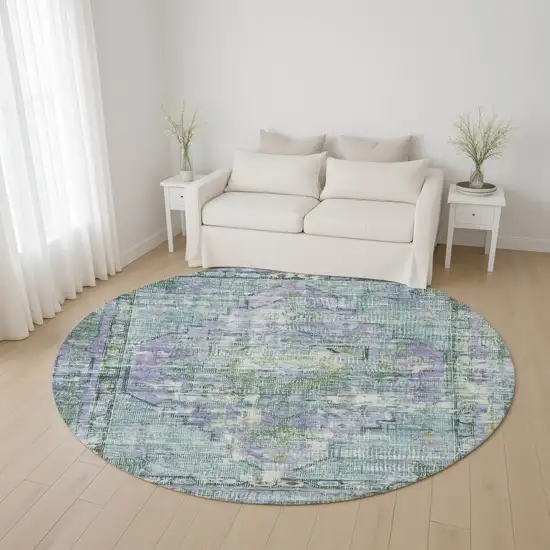 8' Teal Lavender And Green Oriental Washable Round Rug With UV Protection Photo 4
