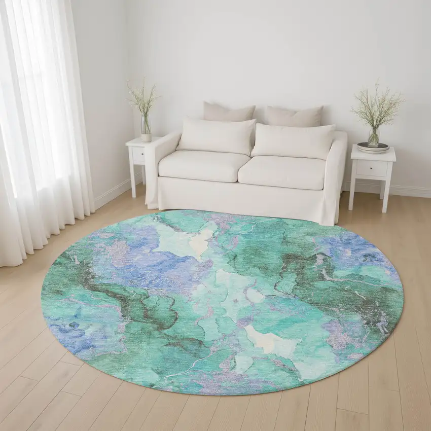 8' Teal Lavender And Ivory Abstract Washable Round Rug With UV Protection Photo 4