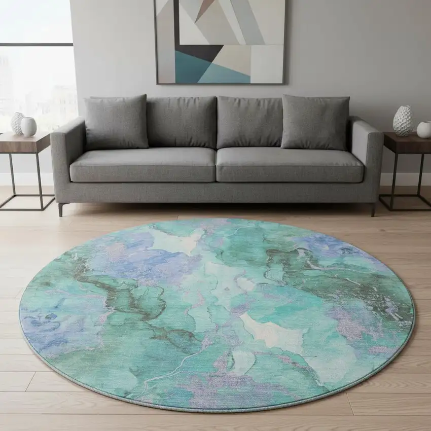 8' Teal Lavender And Ivory Abstract Washable Round Rug With UV Protection Photo 2