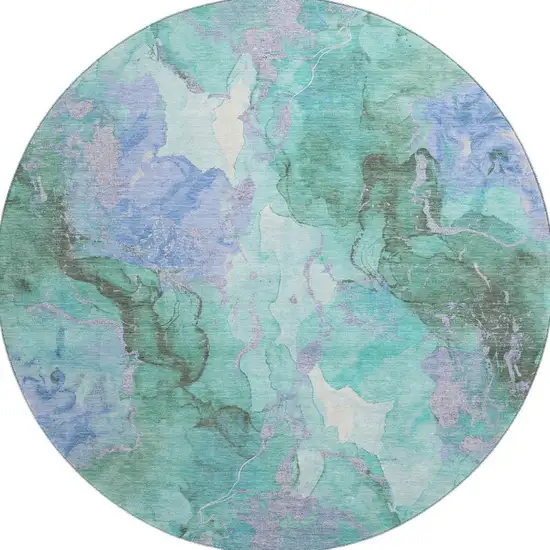 8' Teal Lavender And Ivory Abstract Washable Round Rug With UV Protection Photo 3