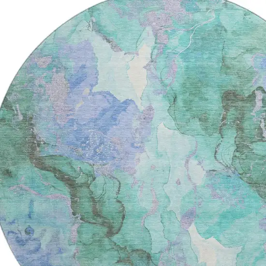 8' Teal Lavender And Ivory Abstract Washable Round Rug With UV Protection Photo 2
