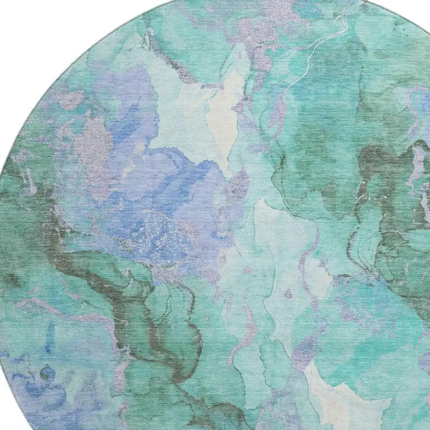8' Teal Lavender And Ivory Abstract Washable Round Rug With UV Protection Photo 2