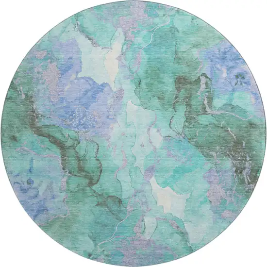 8' Teal Lavender And Ivory Abstract Washable Round Rug With UV Protection Photo 1