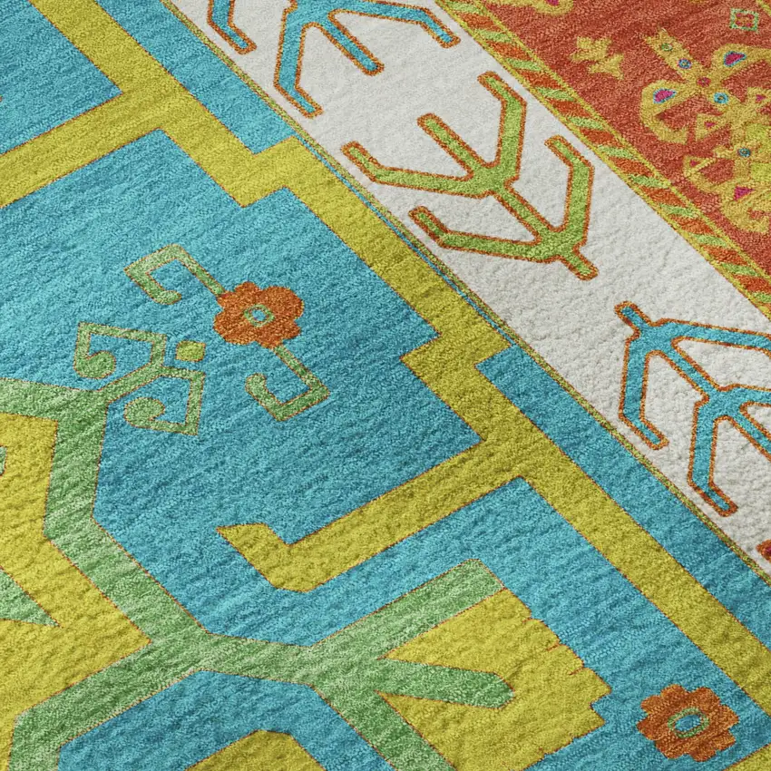 8' Teal Lime Green And Orange Southwestern Washable Round Rug With UV Protection Photo 7