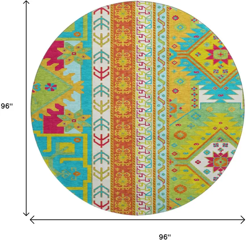 8' Teal Lime Green And Orange Southwestern Washable Round Rug With UV Protection Photo 8