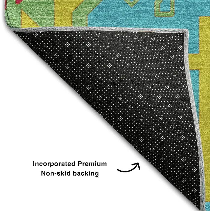 8' Teal Lime Green And Orange Southwestern Washable Round Rug With UV Protection Photo 4