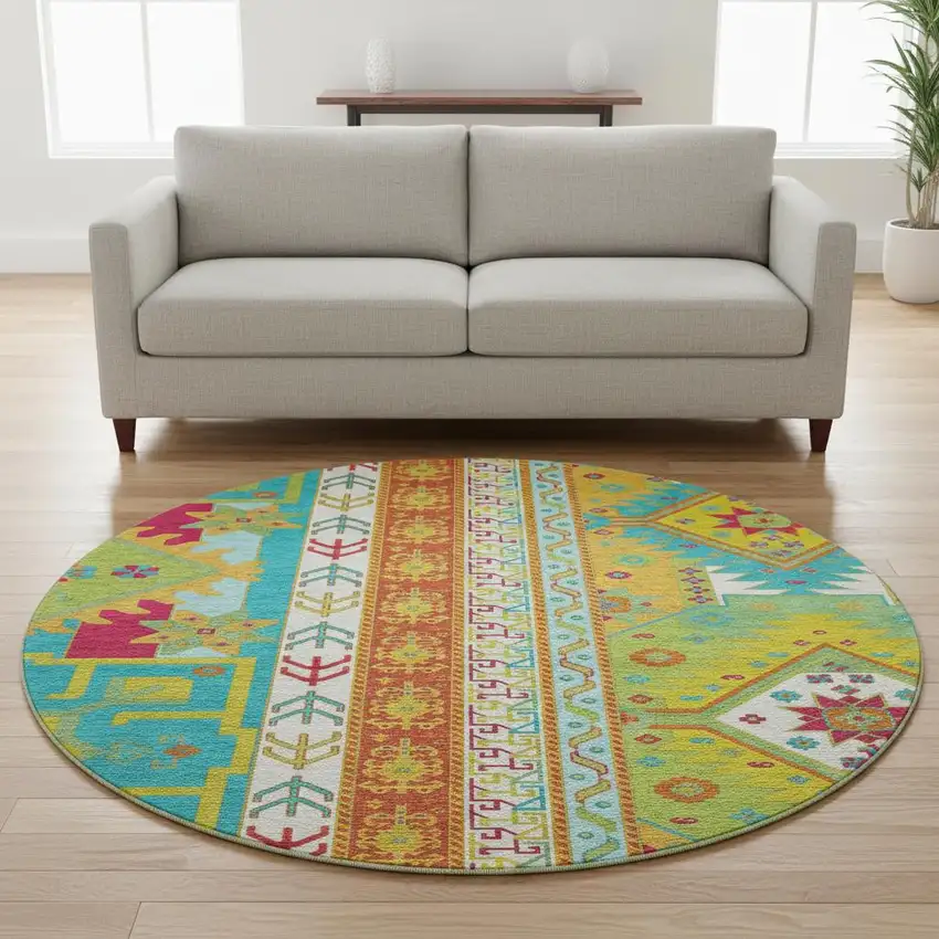 8' Teal Lime Green And Orange Southwestern Washable Round Rug With UV Protection Photo 2