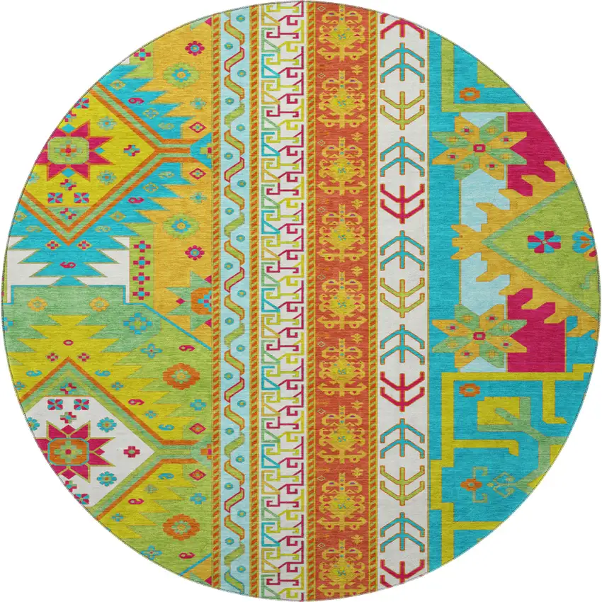 8' Teal Lime Green And Orange Southwestern Washable Round Rug With UV Protection Photo 2