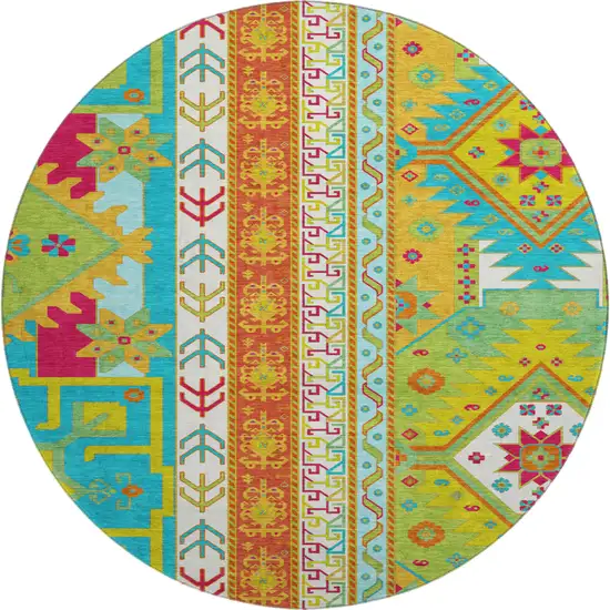 8' Teal Lime Green And Orange Southwestern Washable Round Rug With UV Protection Photo 1
