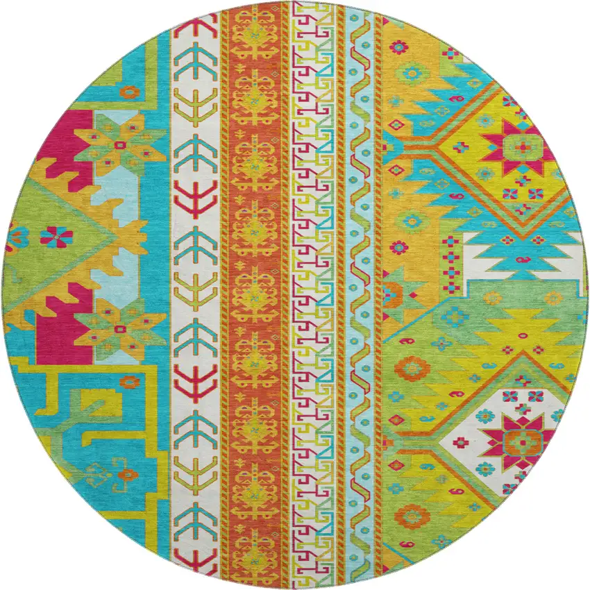 8' Teal Lime Green And Orange Southwestern Washable Round Rug With UV Protection Photo 1