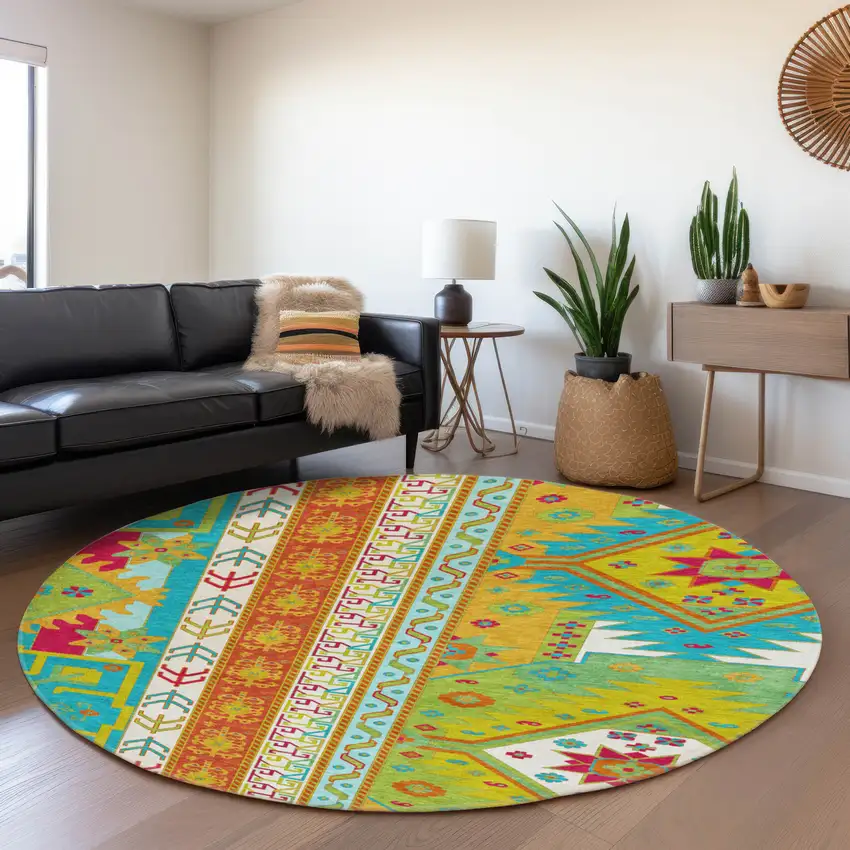 8' Teal Lime Green And Orange Southwestern Washable Round Rug With UV Protection Photo 3