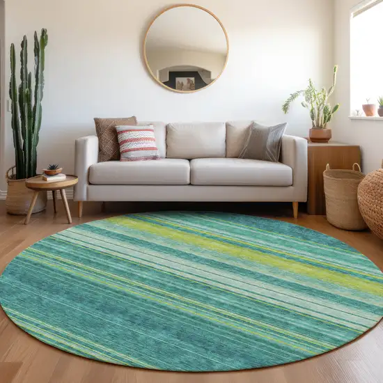 8' Teal Lime Green And Sky Blue Striped Washable Round Rug With UV Protection Photo 4