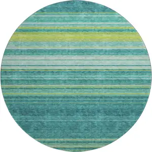 Photo of 8' Teal Lime Green And Sky Blue Striped Washable Round Rug With UV Protection