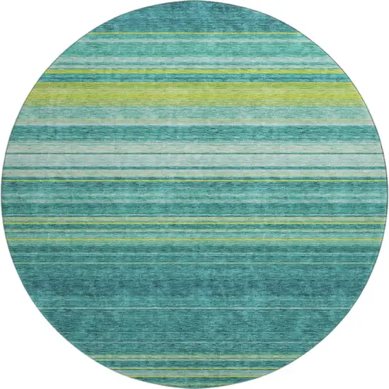 8' Teal Lime Green And Sky Blue Striped Washable Round Rug With UV Protection Photo 1