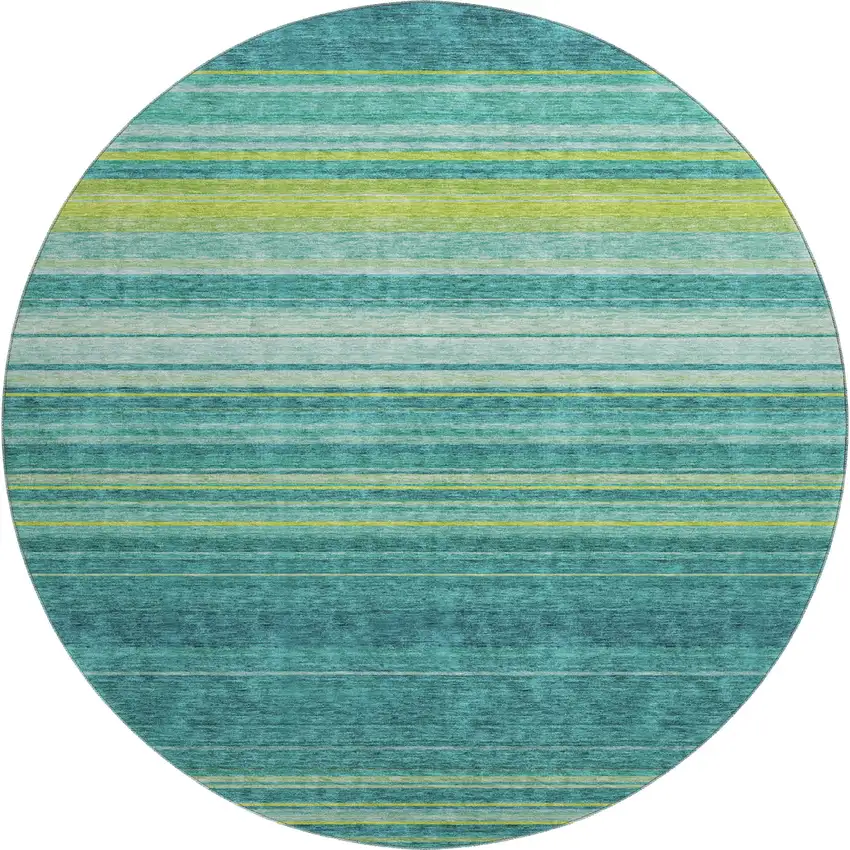 8' Teal Lime Green And Sky Blue Striped Washable Round Rug With UV Protection Photo 1
