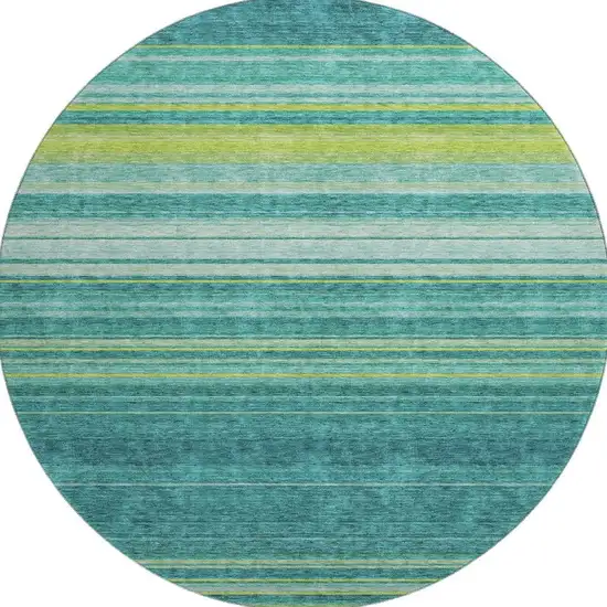 8' Teal Lime Green And Sky Blue Striped Washable Round Rug With UV Protection Photo 3