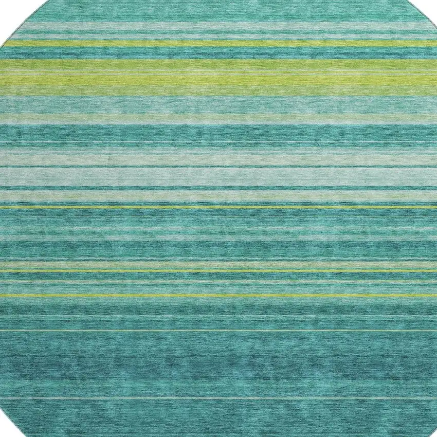 8' Teal Lime Green And Sky Blue Striped Washable Round Rug With UV Protection Photo 2