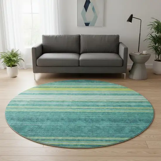 8' Teal Lime Green And Sky Blue Striped Washable Round Rug With UV Protection Photo 2