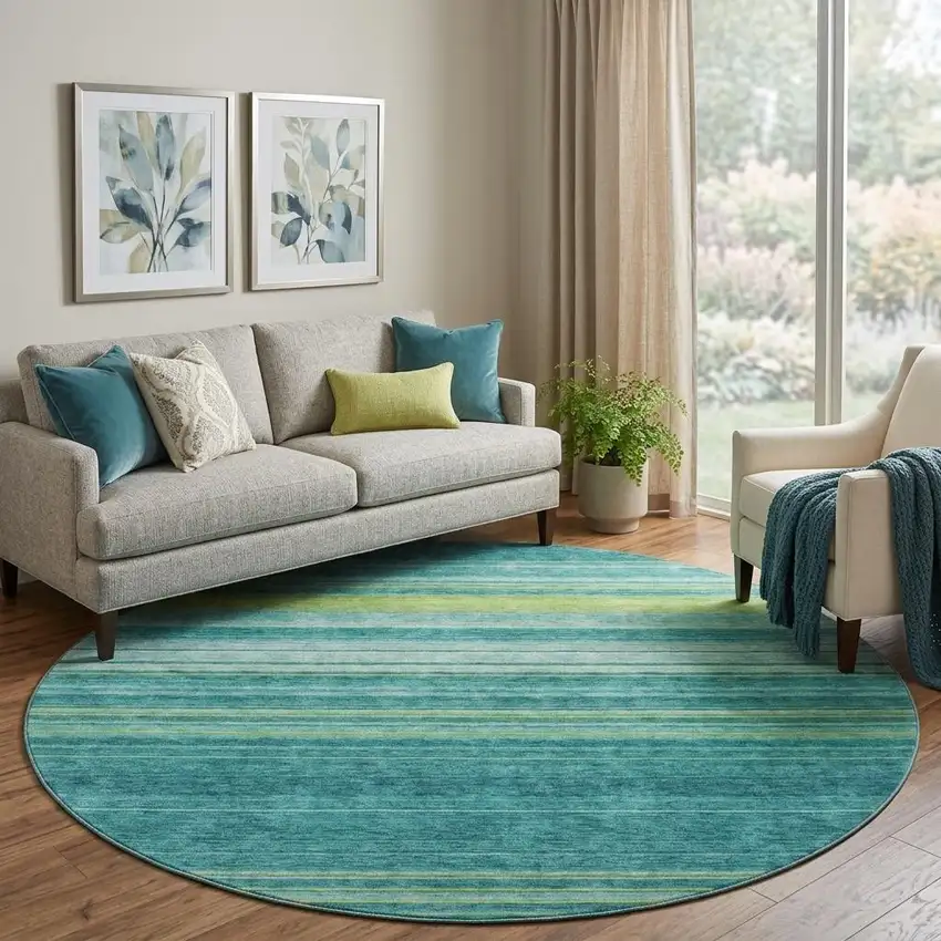 8' Teal Lime Green And Sky Blue Striped Washable Round Rug With UV Protection Photo 1