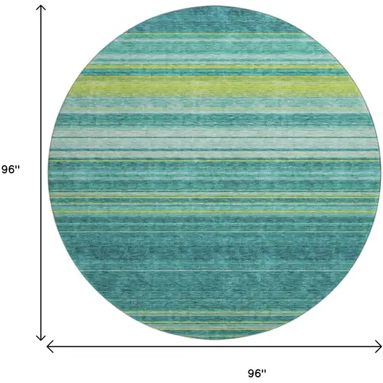 8' Teal Lime Green And Sky Blue Striped Washable Round Rug With UV Protection Photo 9