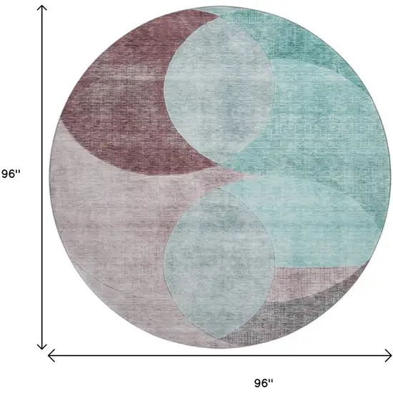 8' Teal Mauve And Blush Geometric Washable Round Rug With UV Protection Photo 8