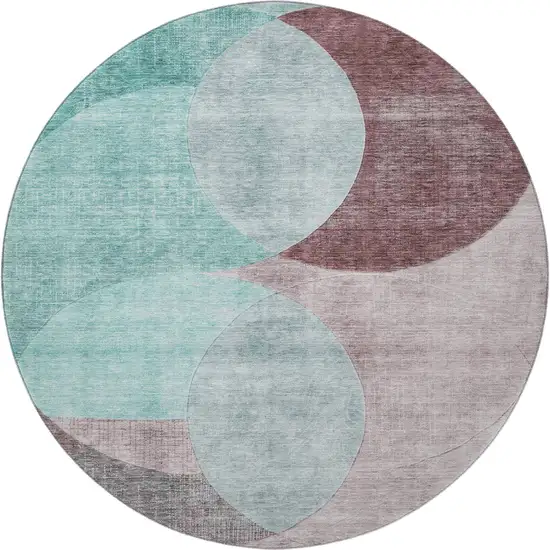 8' Teal Mauve And Blush Geometric Washable Round Rug With UV Protection Photo 2